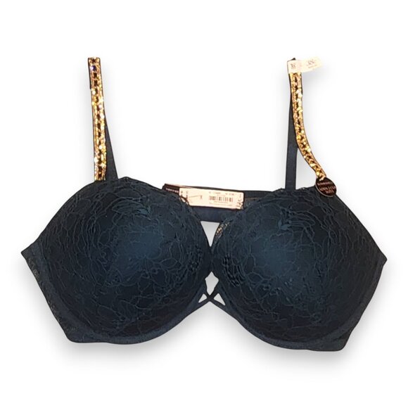 NWT Victoria Secret Green Ivy Lace Bombshell Bra and Thong Set w/Gold Accents - Picture 11 of 14